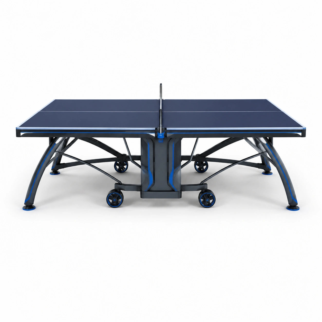 Klappbarer Tischtennistisch mit blauer Melamin-Oberfläche und Stahlrahmen