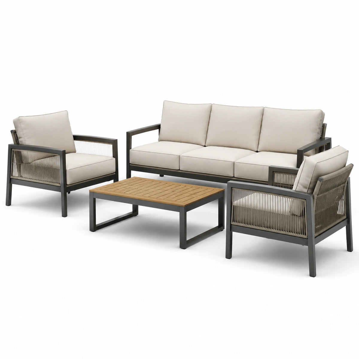 Gartenlounge Set aus Aluminium mit Teakholztisch Beige