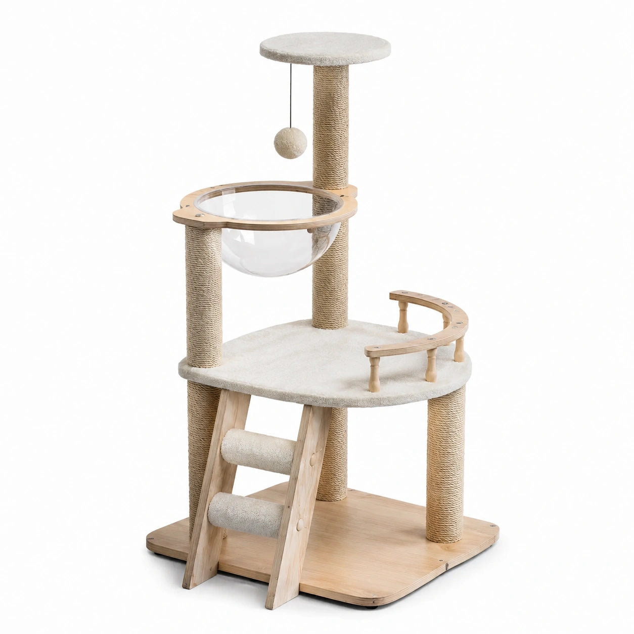 Katzen-Kratzbaum aus Holz und Sisal mit Acrylglas-Liege, Beige, 120cm