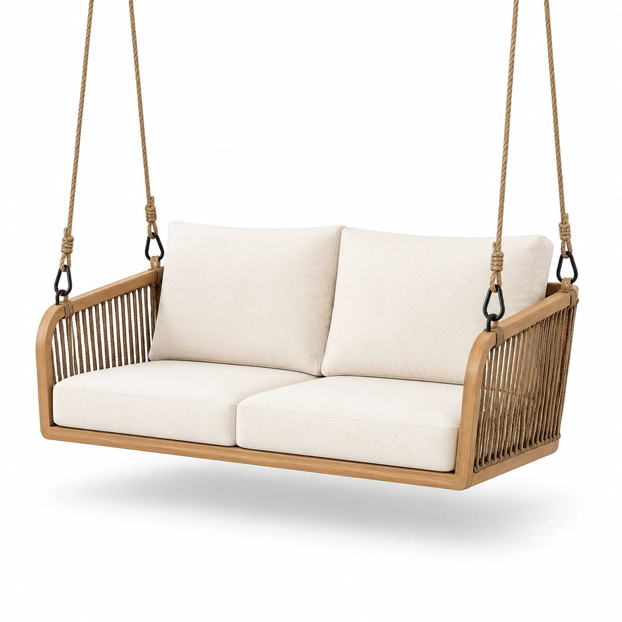 Teakholz Hängeschaukelbank mit Baumwollseil und Polyesterkissen, Beige