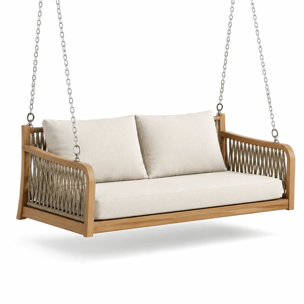 Hängesitzbank aus Akazienholz mit Kissen Beige