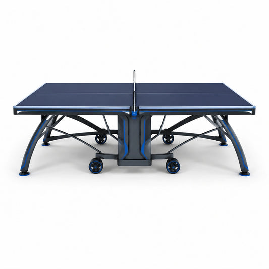 Klappbarer Tischtennistisch mit blauer Melamin-Oberfläche und Stahlrahmen