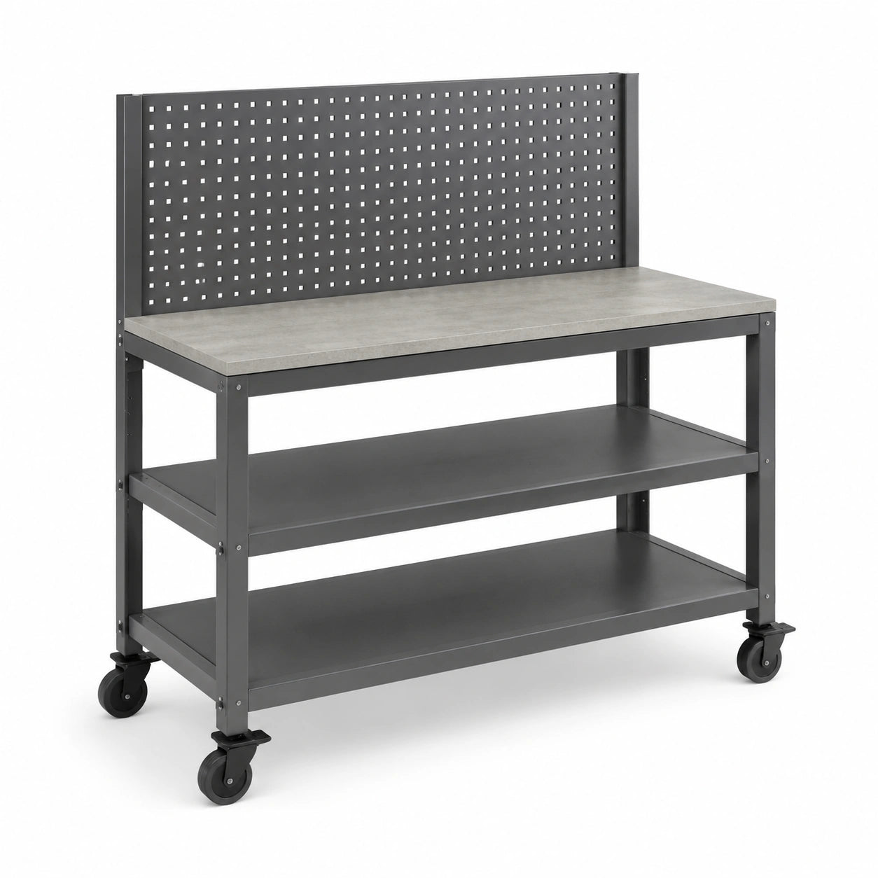 Werkbank mit Rollen und Lochwand aus Stahl mit MDF-Platte