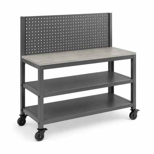 Werkbank mit Rollen und Lochwand aus Stahl mit MDF-Platte
