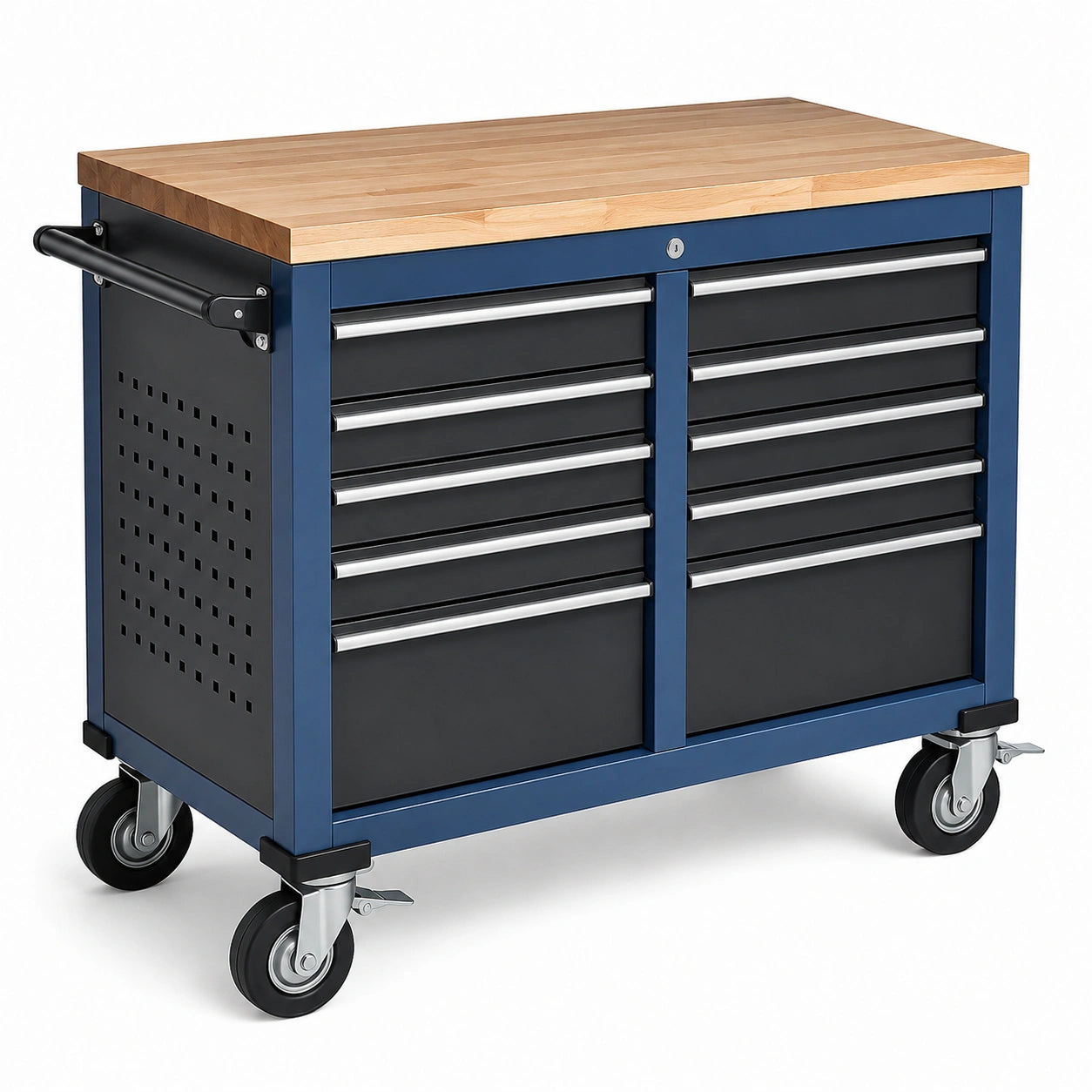 Werkzeugwagen mit 10 Schubladen Holzplatte Stahl Blau/Schwarz