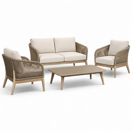 Gartenmöbel-Set mit Holzrahmen und Polyestergewebe in Beige