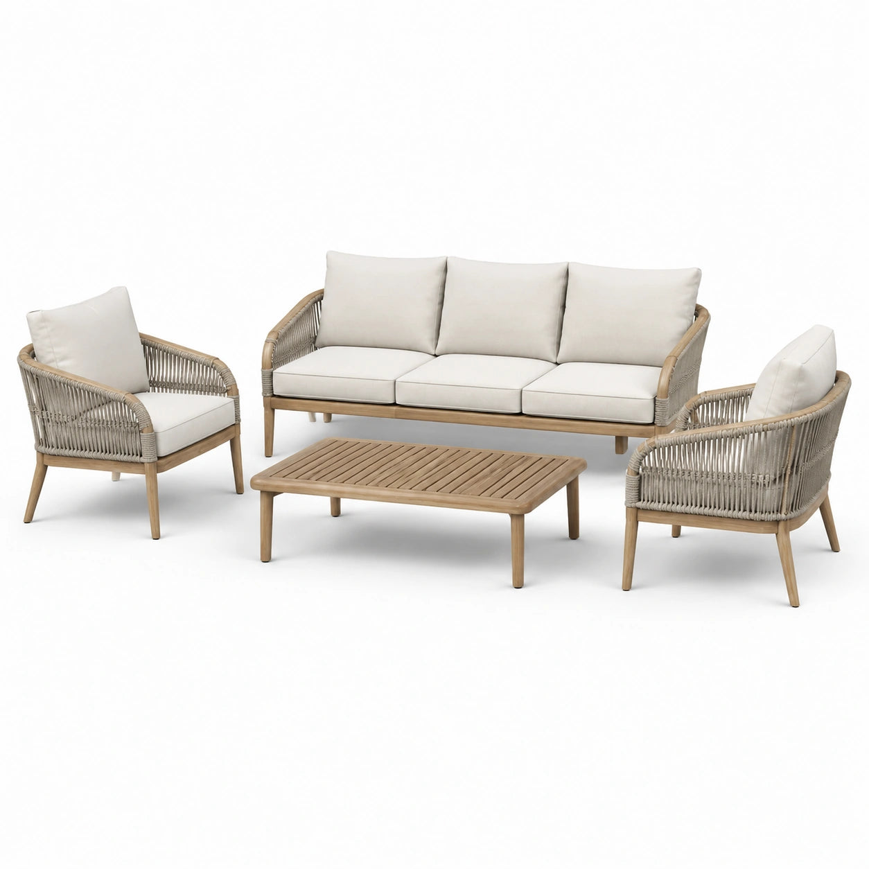 Teakholz und Polypropylen Gartenlounge Set in Beige