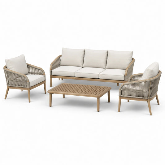Teakholz und Polypropylen Gartenlounge Set in Beige