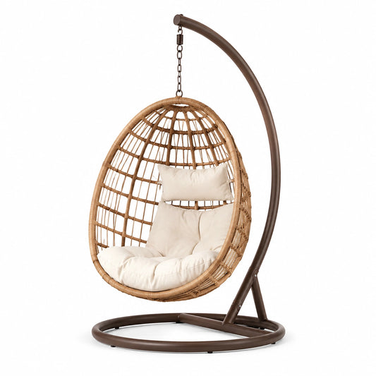 Rattan-Hängesessel mit Stahlrahmen und Polster Creme 195 cm