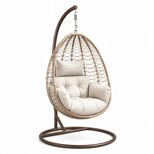 Hängesessel Ei-Form mit Kissen Beige Stahl und Rattanimitat