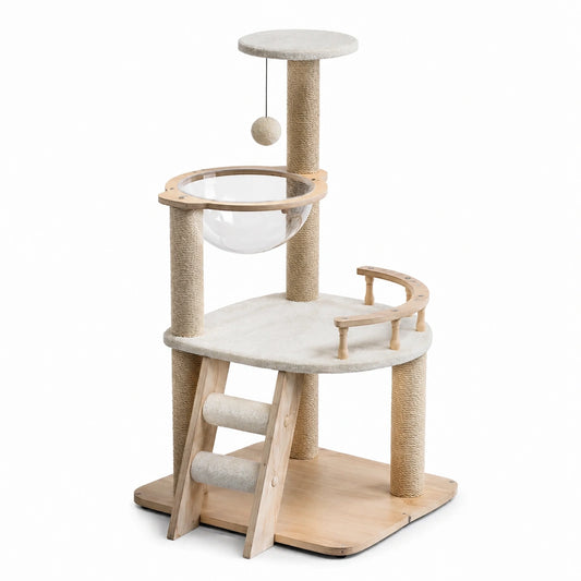Katzen-Kratzbaum aus Holz und Sisal mit Acrylglas-Liege, Beige, 120cm