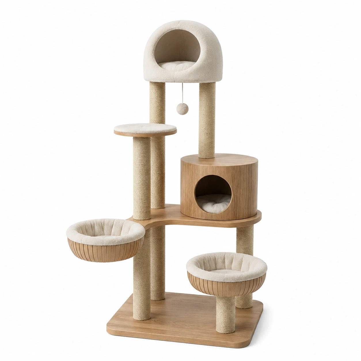 Holz Katzenbaum mit Höhle und Plattformen, Sisal, Creme, Höhe 140 cm