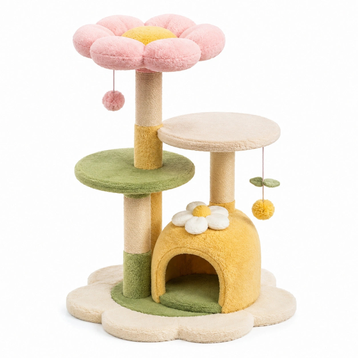 Kratzbaum Blumenform aus Plüsch und Sisal, Rosa/Grün/Beige, Höhe 70 cm