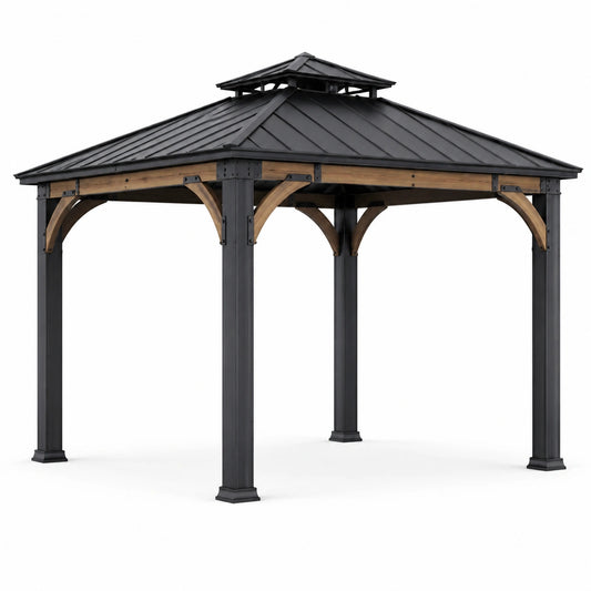 Pavillon 3x3m Aluminium Stahl Holzoptik Schwarz