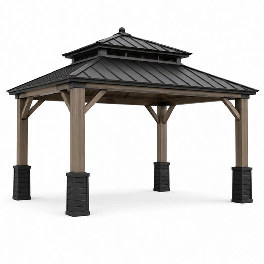Pavillon Rechteckig Holzoptik Aluminium Stahl Schwarz