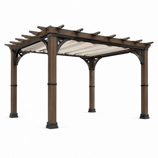 Pergola rechteckig 300x400cm Holzoptik-Aluminium Polyester Braun/Creme